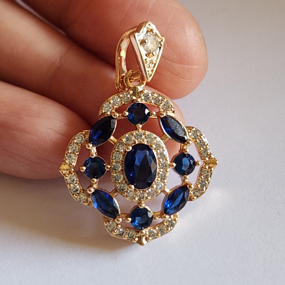 Gold-Tone Blue Sapphire Halo Pendant Necklace